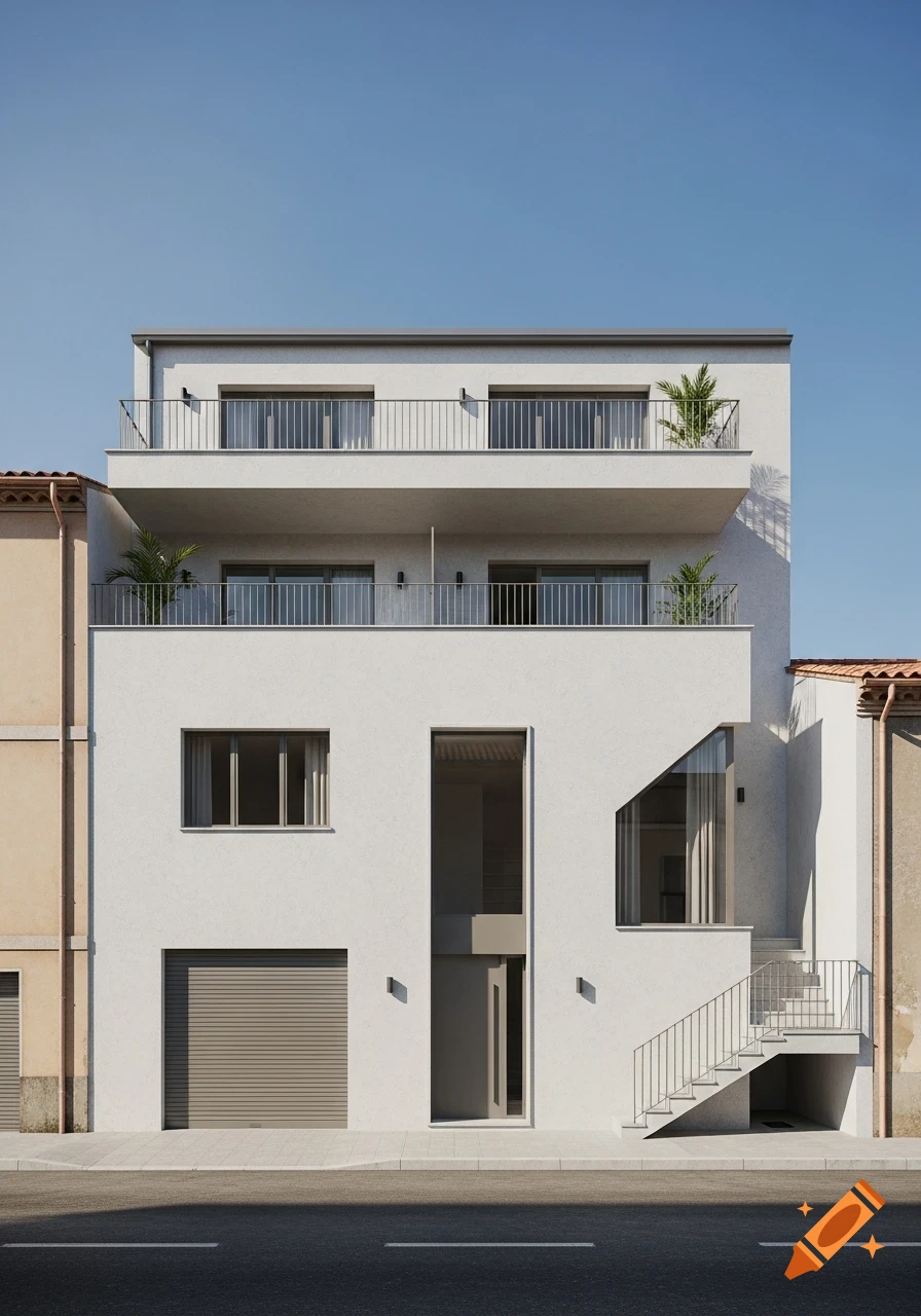 Photorealistic rendering of a modern white building with balconies, an external staircase, and a garage under a clear blue sky.