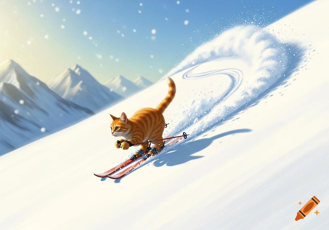 An orange tabby cat skiing down a snowy mountain slope, creating a white spray, with snow-capped peaks in the background.
