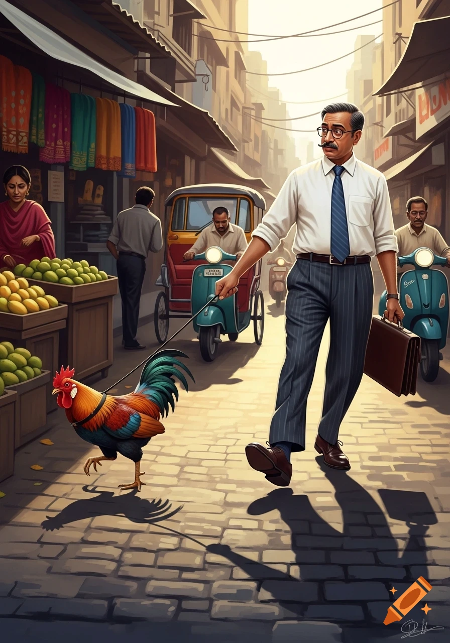 A man in office attire walks a colorful rooster on a leash through a busy Indian street market with vendors and auto-rickshaws.