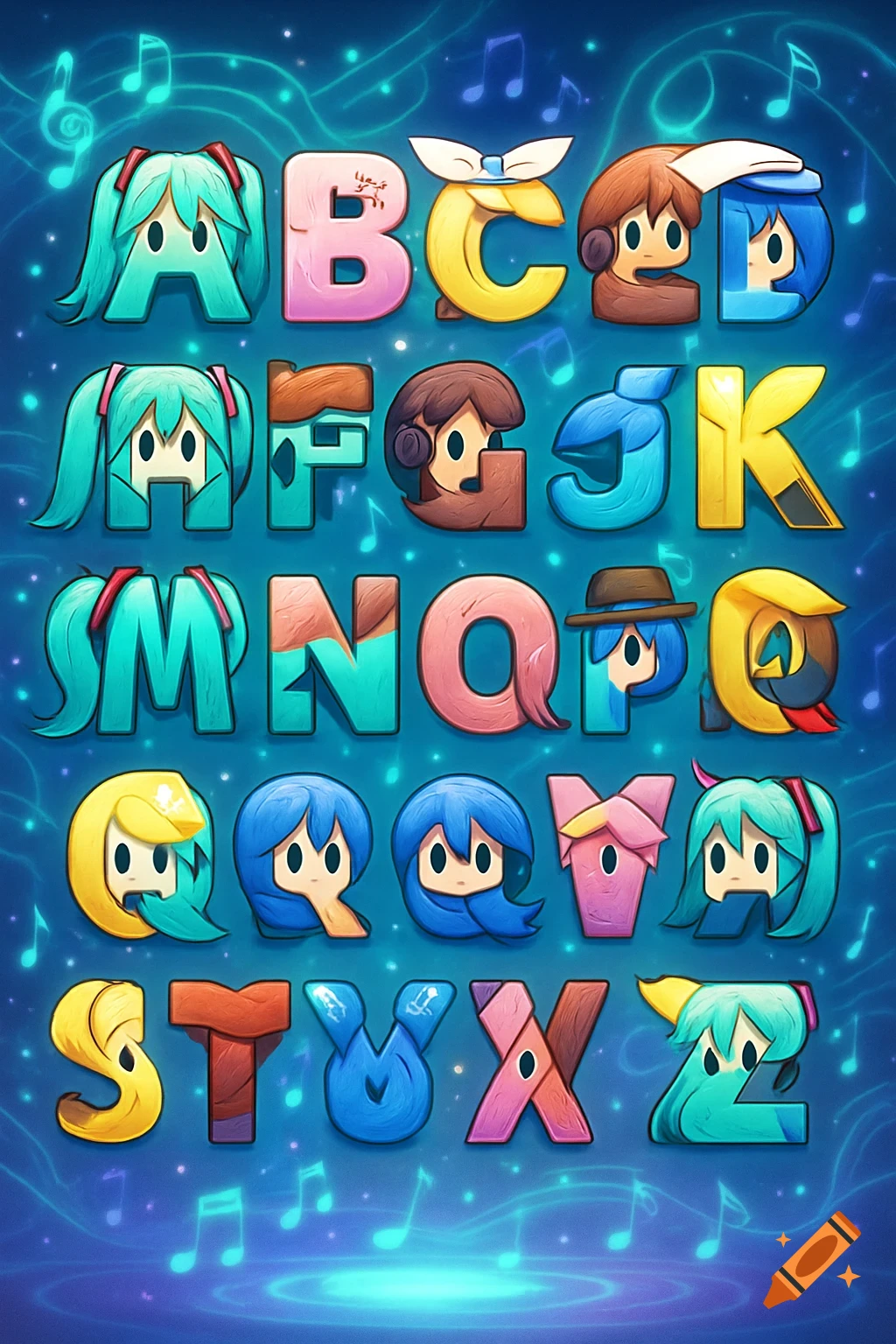A colorful alphabet, with each letter stylized as a cartoon character, some resembling Vocaloids like Hatsune Miku, on a blue background with musical notes.