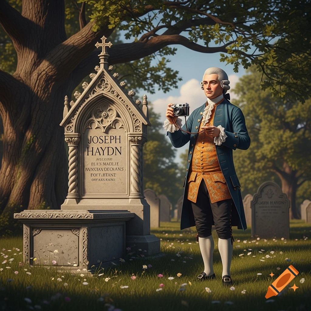 A man in 18th-century attire takes a selfie in a graveyard next to a tombstone with 'JOSEPH HAYDN' inscribed.