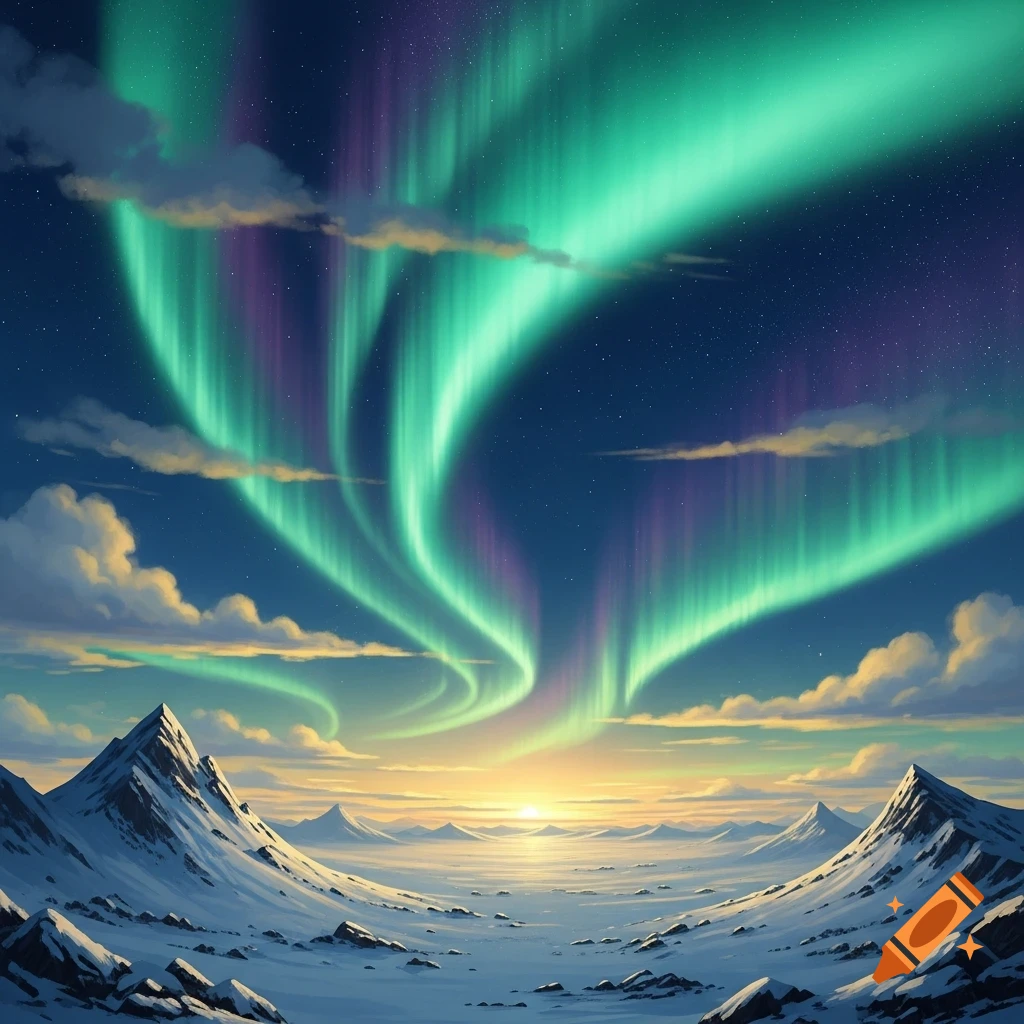 A vibrant painting of green and purple Northern Lights arcing over snow-capped mountains and a vast frozen landscape at sunrise.
