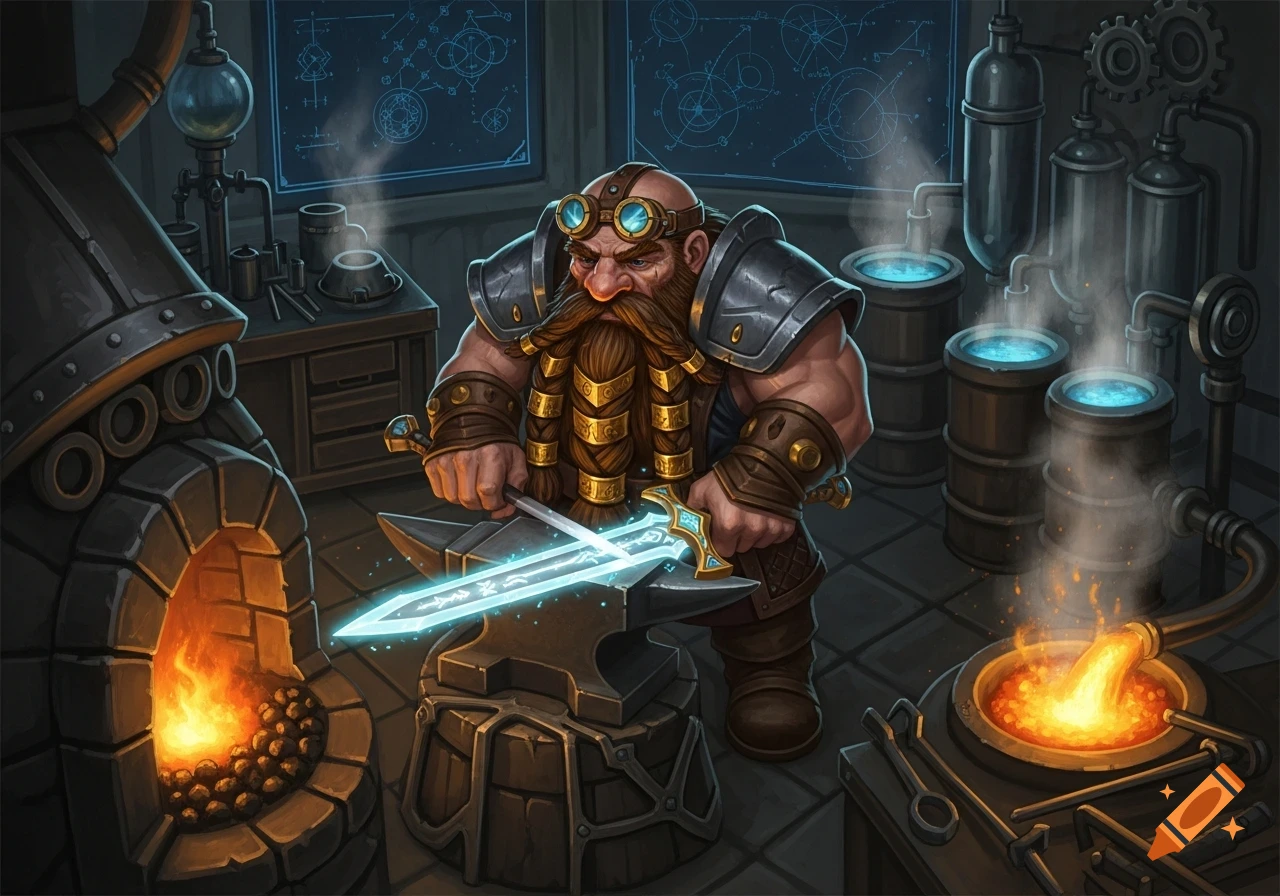 A heavily armored dwarf artificer blacksmith with a braided beard and goggles forges a glowing, runic sword on an anvil in a workshop filled with alchemical equipment and blueprints.
