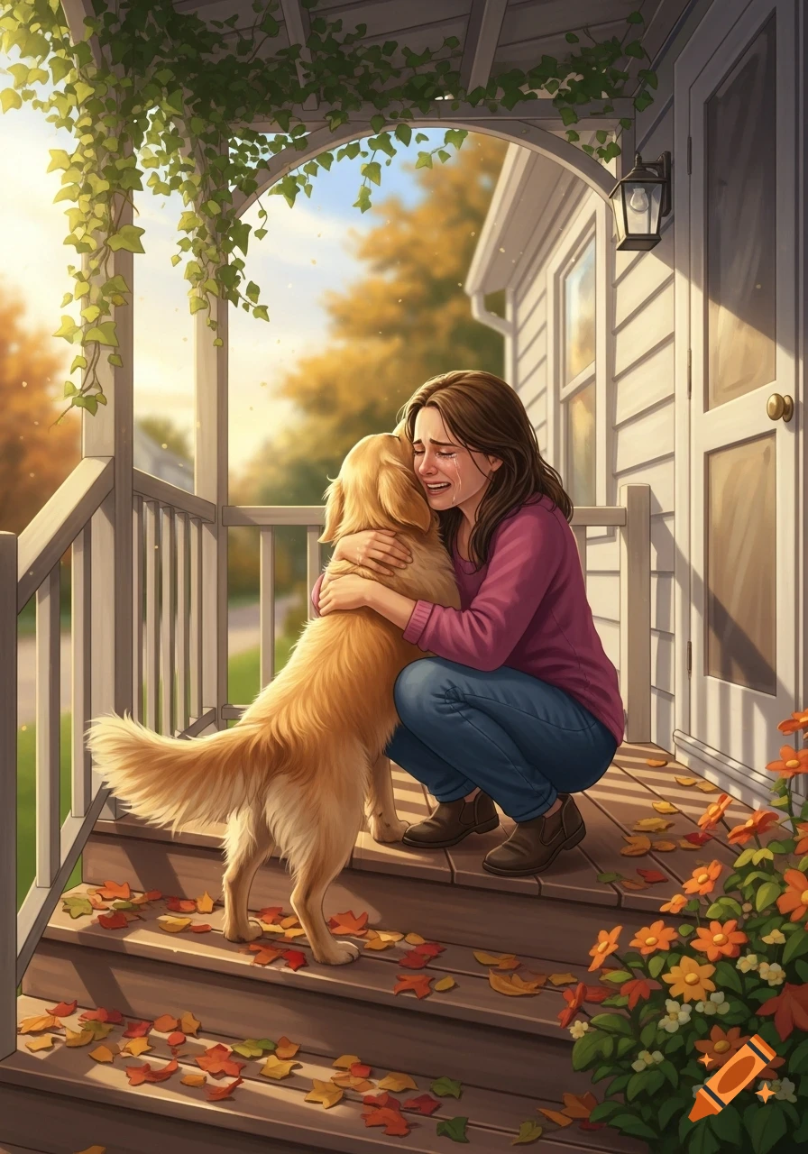 An illustration of a woman tearfully embracing a golden retriever on a porch with autumn leaves.