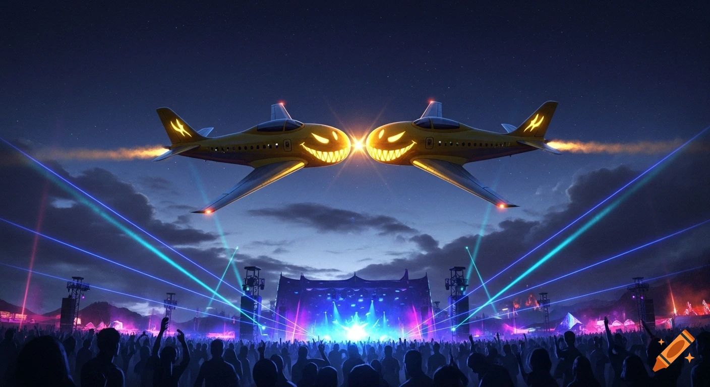 Two glowing yellow "evil smiley" planes fly above a vibrant techno music festival with laser lights and a large crowd.