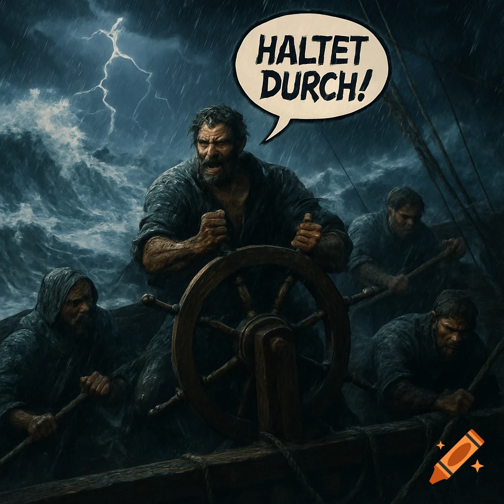 Dramatic digital painting of bearded sailors on a wooden boat battling a fierce storm with huge waves and lightning, one shouting 'Haltet Durch!'.