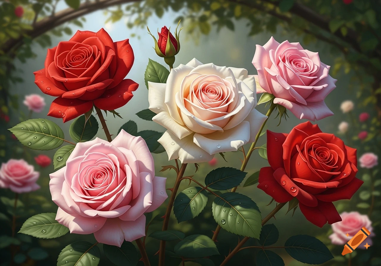 Close-up of vibrant red, pink, and white roses with water droplets in a lush garden setting, with blurred green foliage in the background.