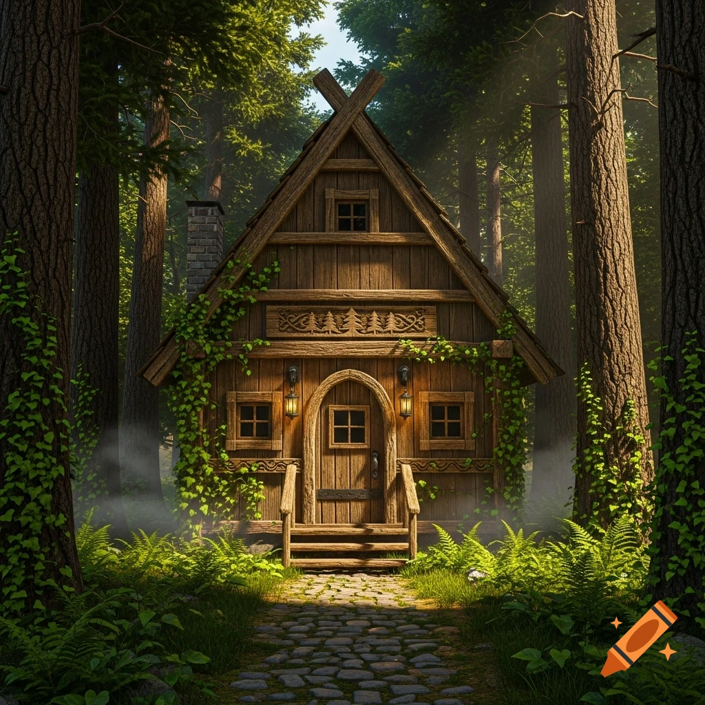 A rustic wooden cabin with a stone path sits deep within a mystical ...