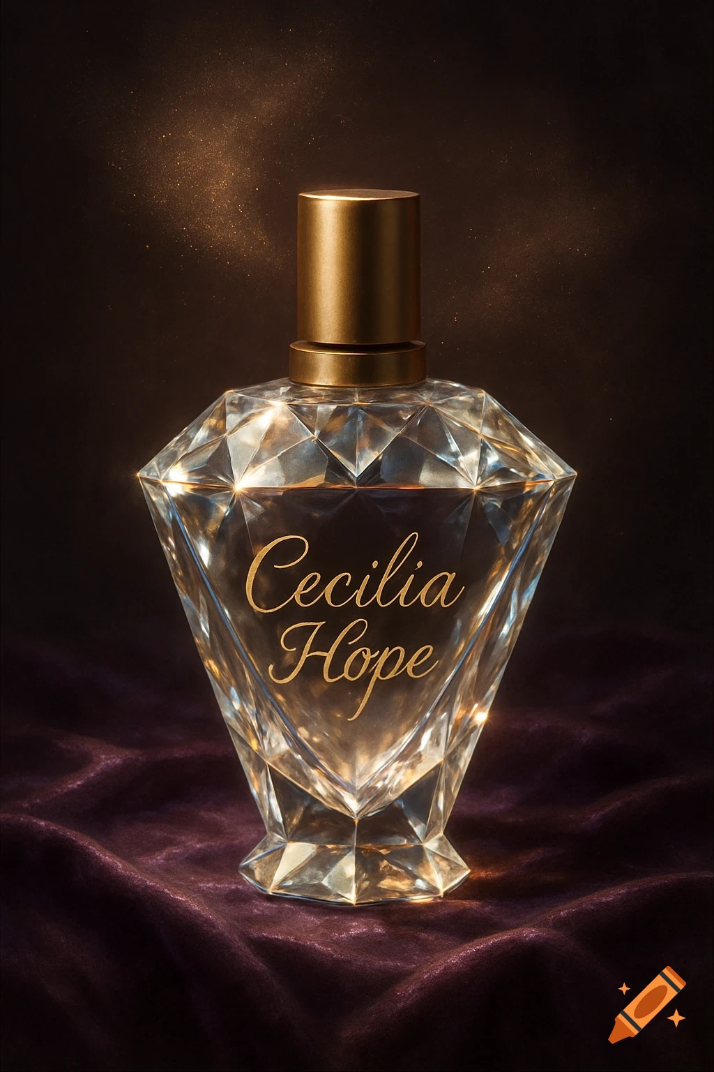 A diamond-shaped perfume bottle with a gold cap and 'Cecilia Hope' written on it, sitting on a purple velvet cloth with golden sparkles.
