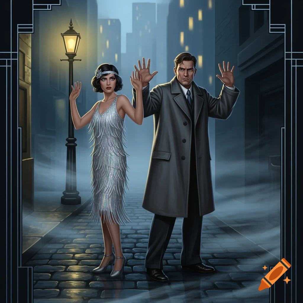 A man in an overcoat and a woman in a flapper dress raise their hands on a foggy 1920s city street.