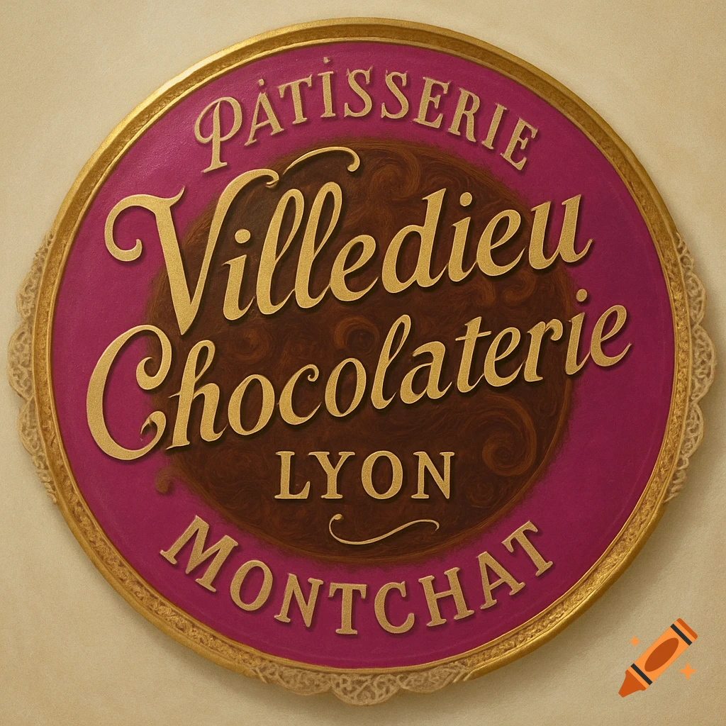 A round, decorative sign for Pâtisserie Villedieu Chocolaterie, featuring gold text on a fuchsia background with a brown swirled center.