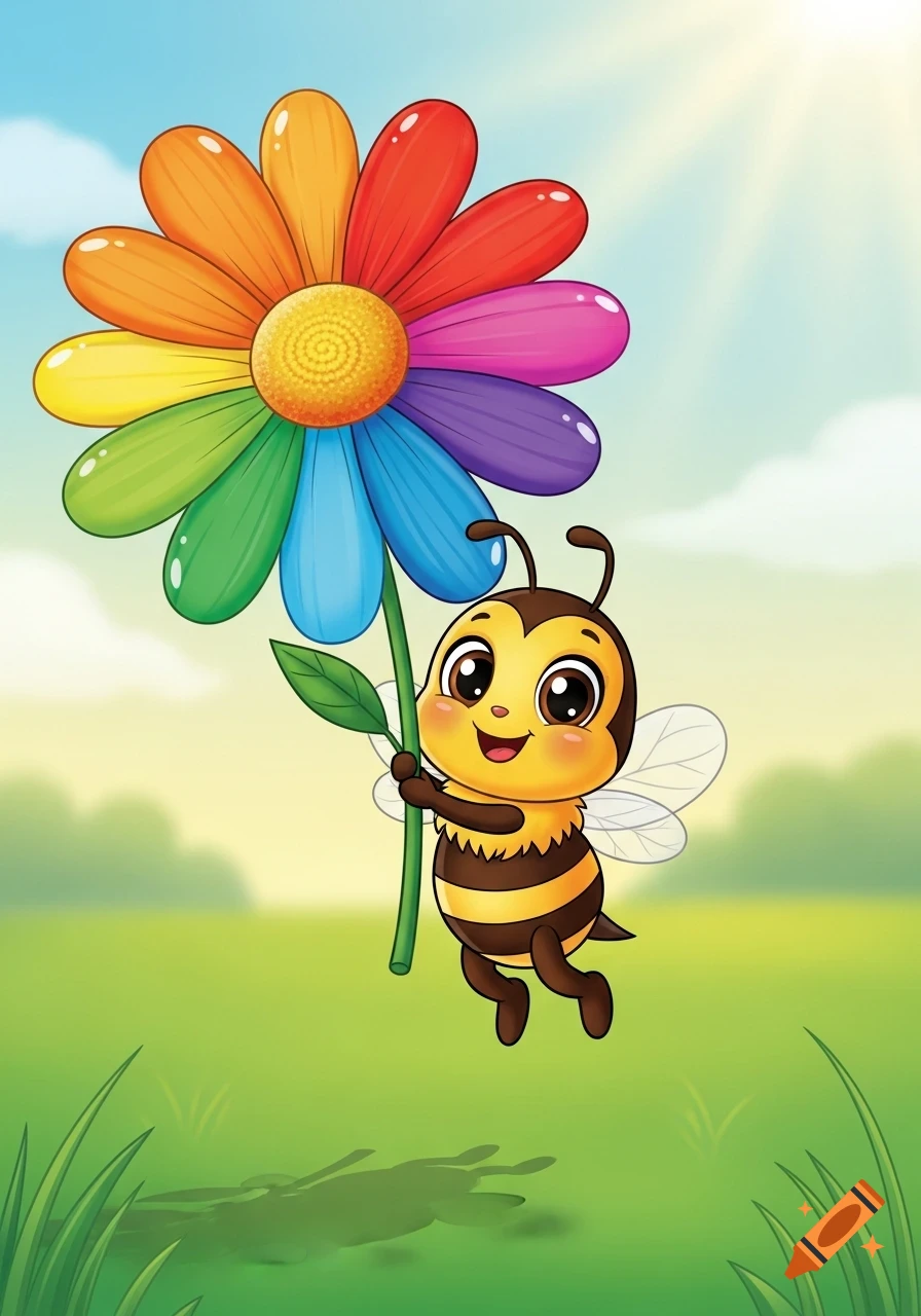 A cute cartoon bee with big eyes smiles while flying and holding a ...