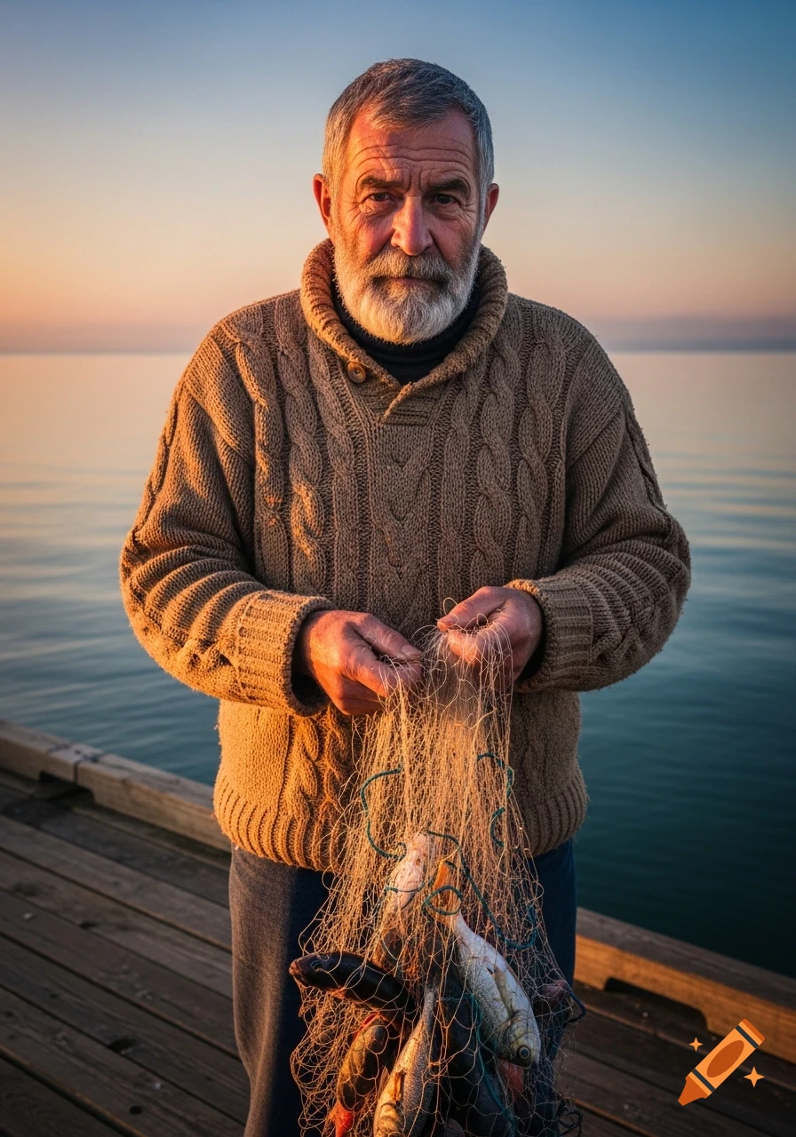 An old bearded fisherman in a brown cable-knit sweater holds a net filled with fish by the sea at sunset.
