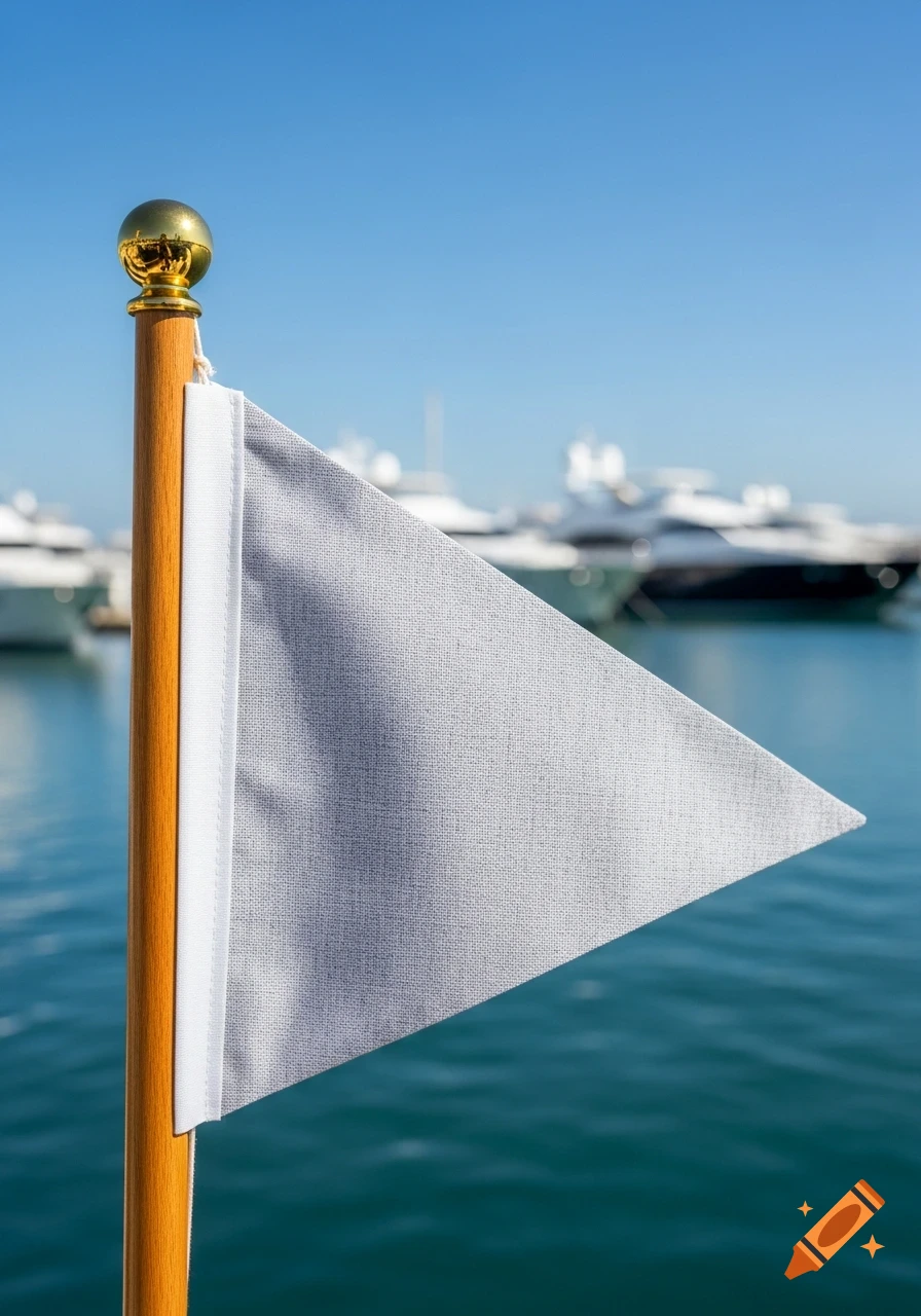 Close-up photorealistic shot of a blank triangular light gray pennant flag on a wooden pole with a golden finial, set against a blurred marina with yachts and blue water under a clear sky.