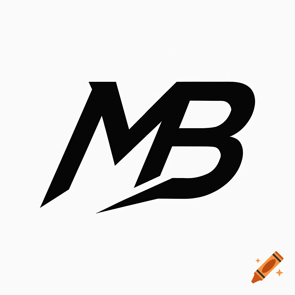 A black and white minimalist logo featuring stylized, dynamic letters M and B on a white background.