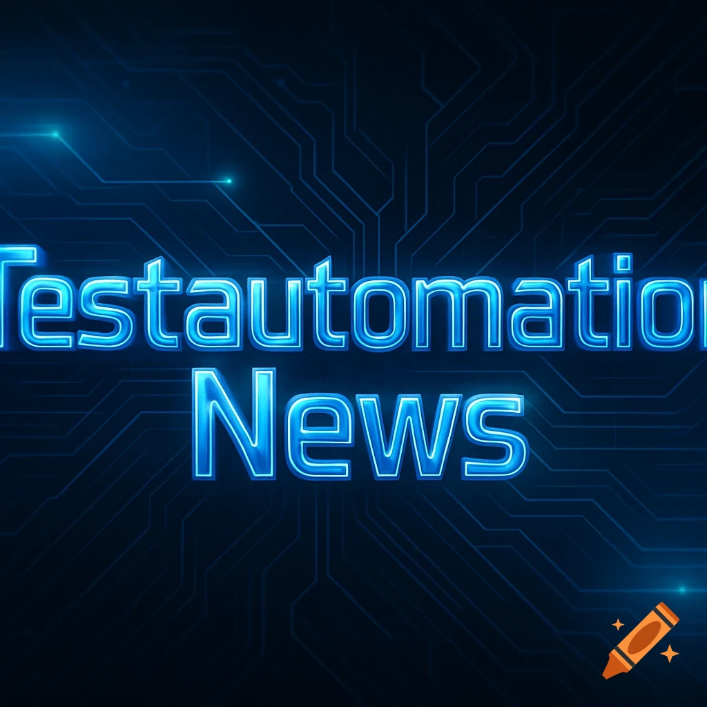 Blue glowing "Testautomation News" text over a dark circuit board background.