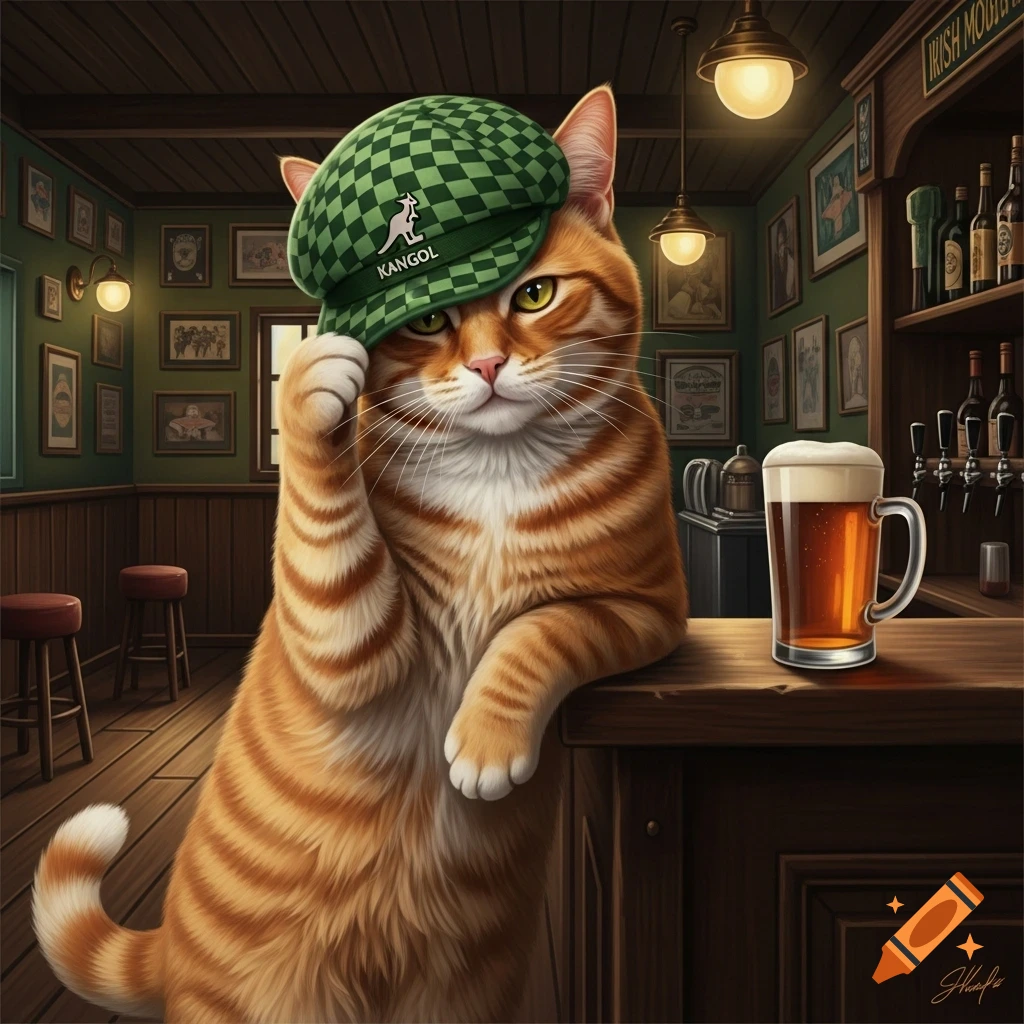 An orange tabby cat in a green checkered Kangol hat leans on a wooden bar next to a beer in a cozy Irish pub.