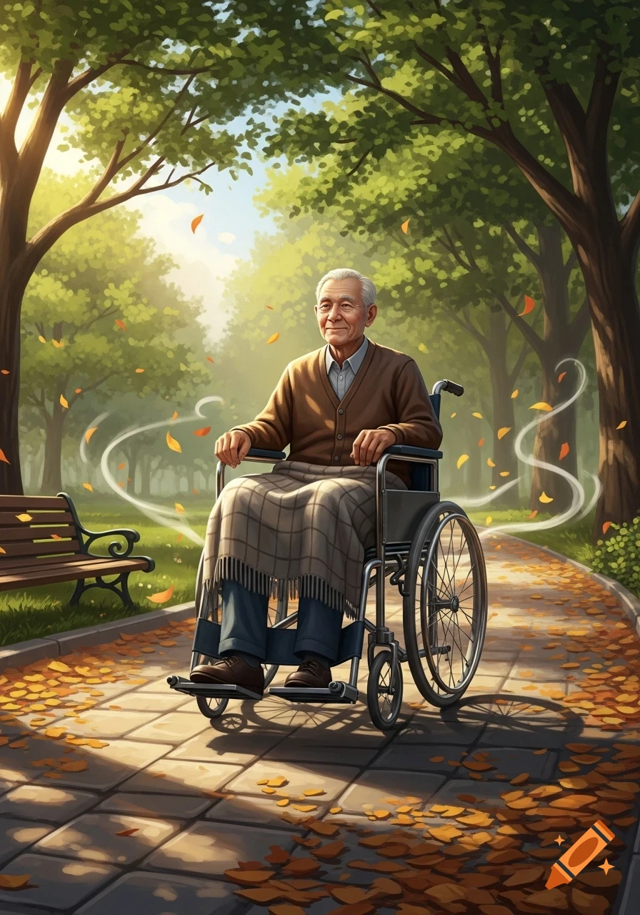 An elderly man in a wheelchair smiles on a sunlit park path with autumn leaves in an illustrative style.
