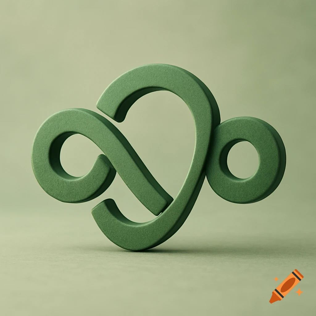 A matte green, textured, 3D abstract logo resembling a stylized infinity symbol and a circle, set against a light green background.