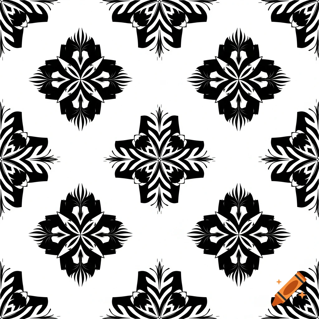 Seamless pattern of intricate black tribal designs on a white background, with symmetrical, interconnected shapes.