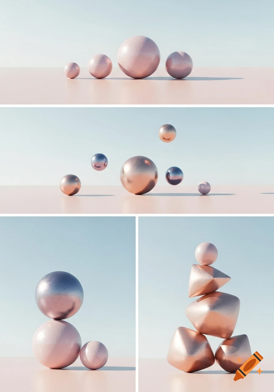 Four panels show abstract metallic and matte pink 3D shapes arranged in lines, floating, and stacked against a light blue sky.