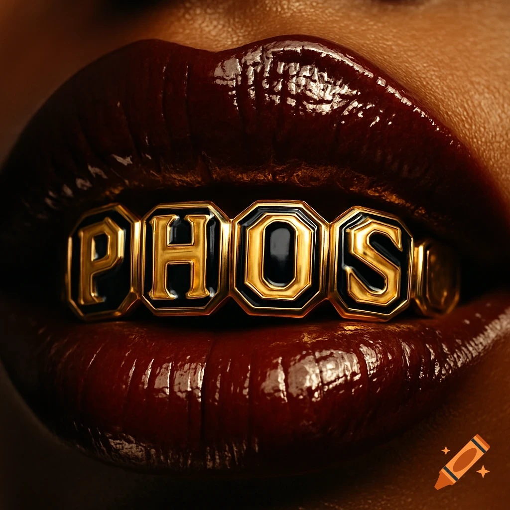 Extreme close-up of glossy dark brown lips wearing gold and black enamel grillz spelling 'PHOS', with cinematic lighting.