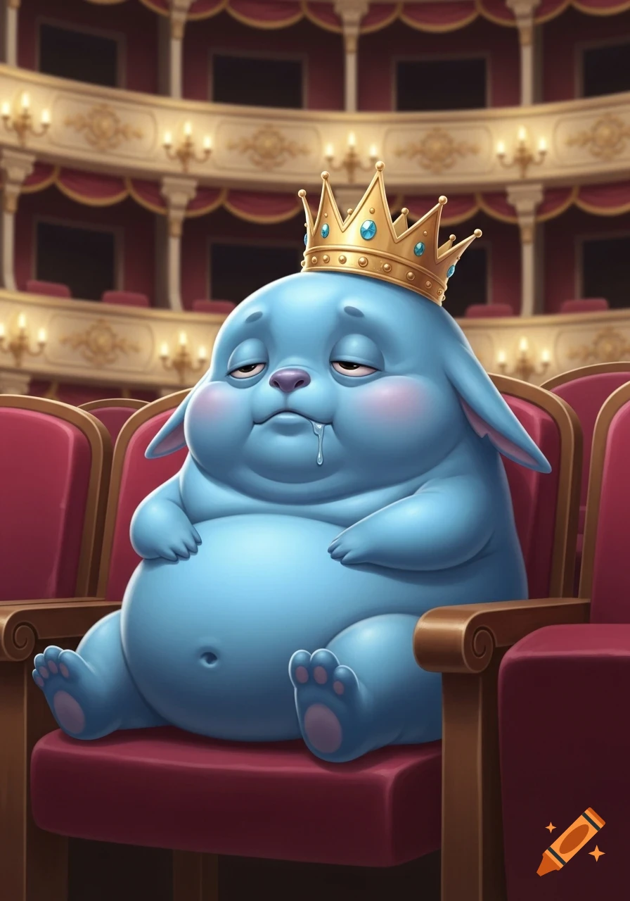 A chubby, sleepy blue monster wearing a golden crown and drooling, sits in a red theater seat in a grand opera house.