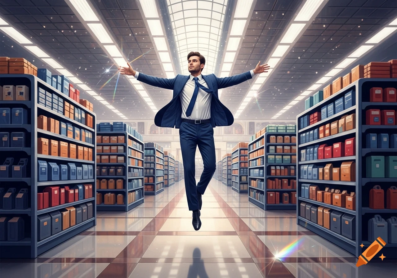 A man in a blue suit flies with arms outstretched down a long aisle of shelves in a modern store, with sparkling light effects.