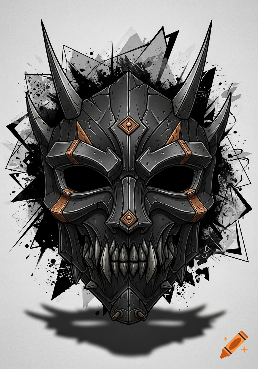 A stylized dark metallic mask with sharp horns and teeth, in a Borderlands-style illustration with abstract black splatters.