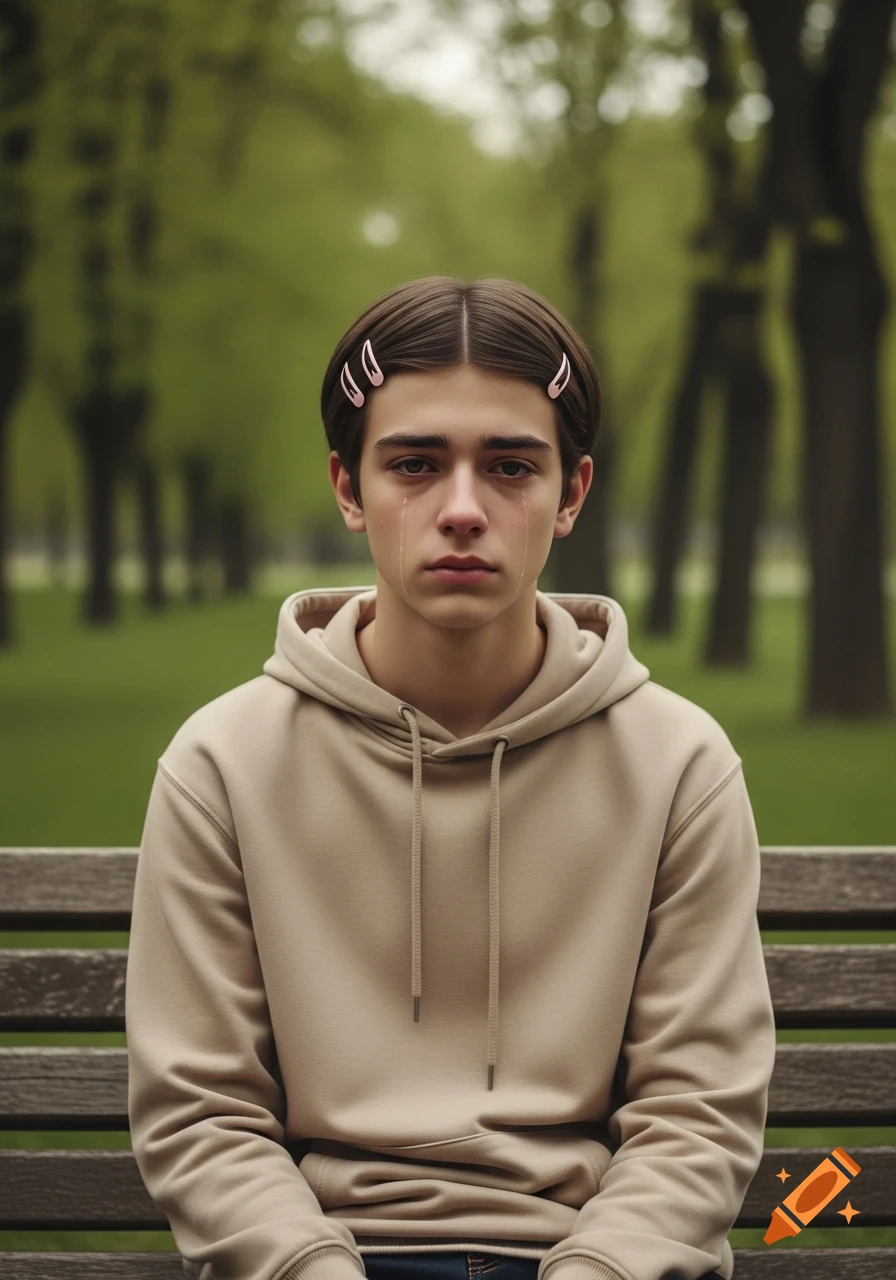 A crying teenage boy with brown hair and pink clips sits on a park bench. Blurred green trees in background, photorealistic style.