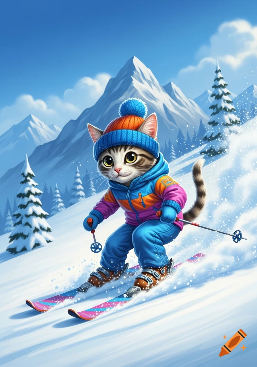 A cute cartoon cat wearing a blue and orange winter hat and a colorful ski suit, skiing down a snowy mountain slope with pine trees and majestic peaks in the background.
