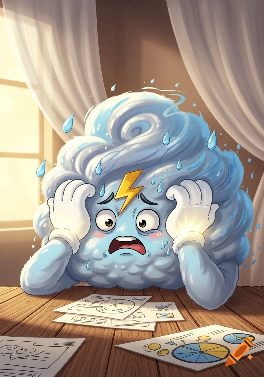 A cartoon storm cloud character holds its head in dismay at a desk covered with charts and papers, sweating and looking stressed.