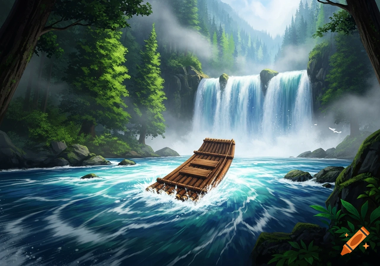 A wooden raft floats in a turquoise river towards a large waterfall, surrounded by lush green forests and misty mountains, illustrated.