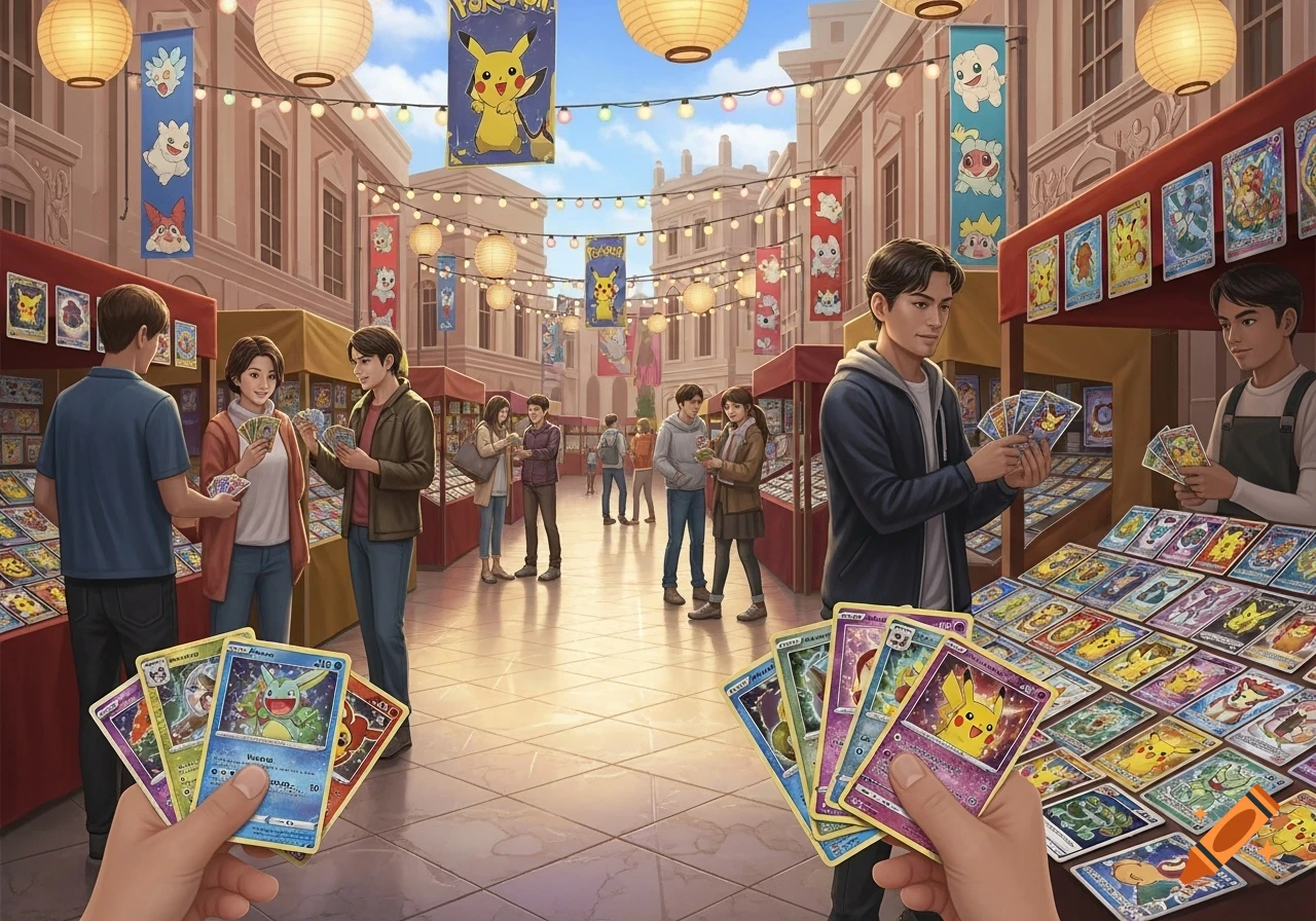 A busy outdoor market scene where people are trading and selling various Pokémon cards, with large Pokémon banners hanging overhead.