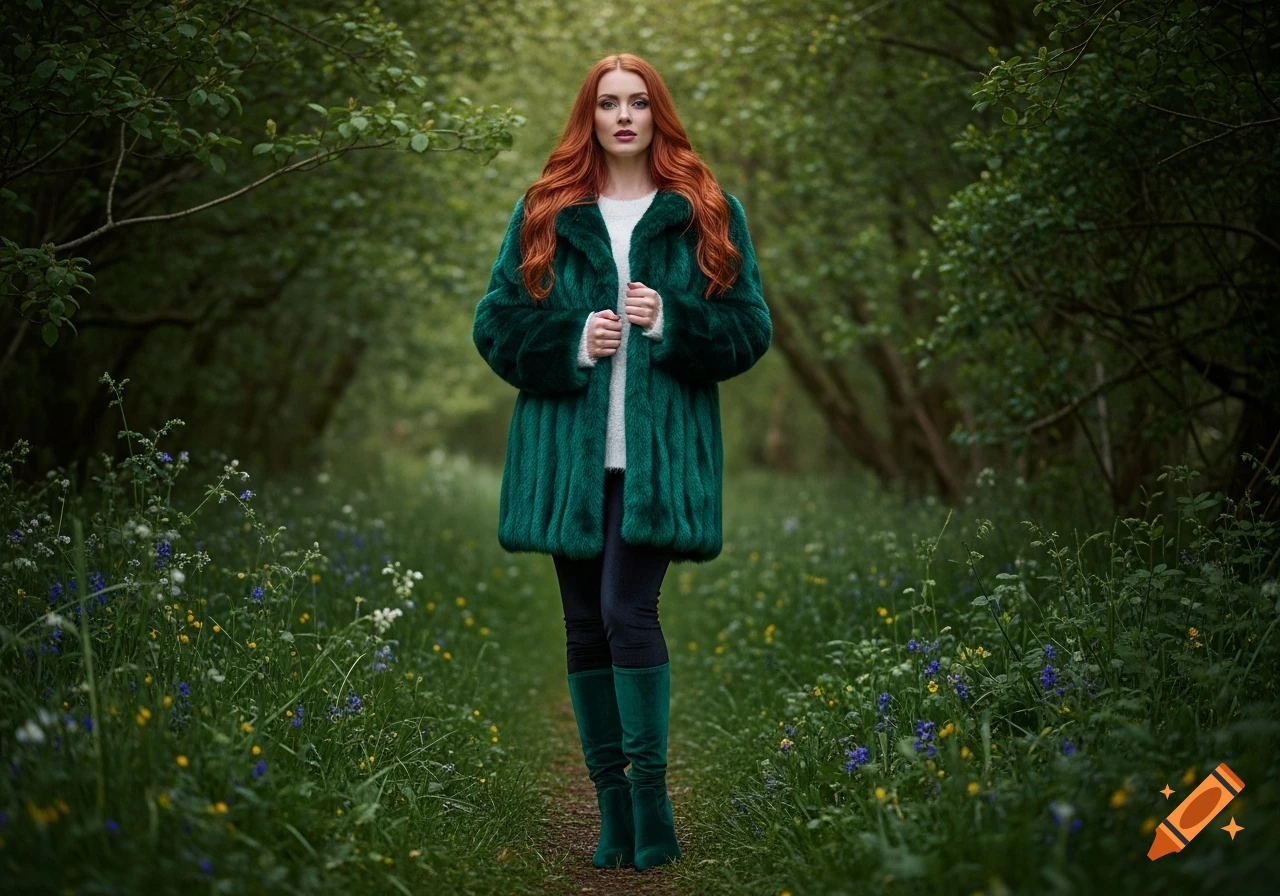 A woman with long red hair, wearing a green fur coat and boots, stands ...