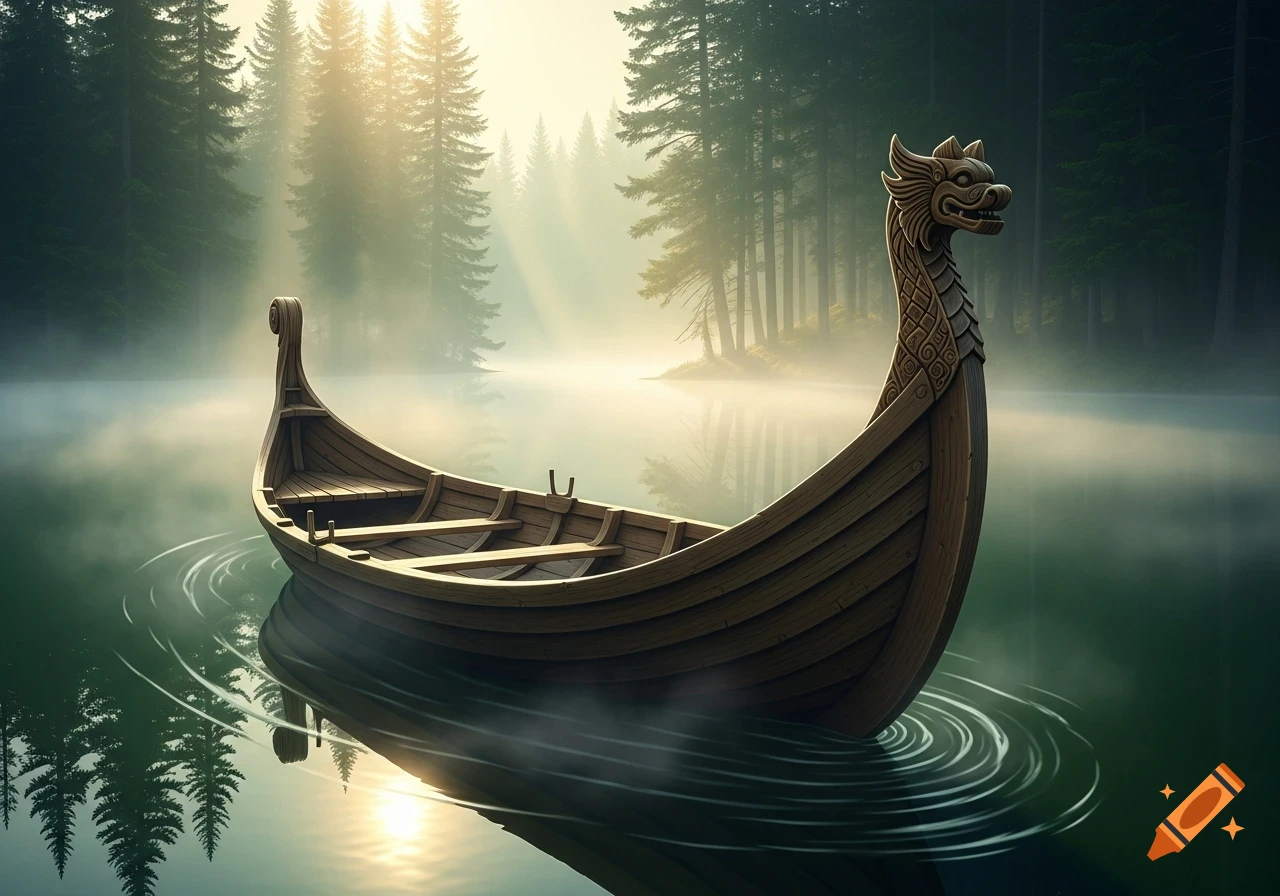 A wooden Viking longship with a carved dragon figurehead floats on a misty lake surrounded by a pine forest.