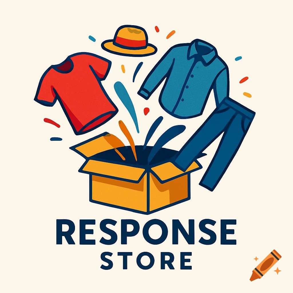 A stylized logo features a red t-shirt, blue collared shirt, blue pants, and a yellow hat flying out of an open brown cardboard box, with the text "RESPONSE STORE" below.