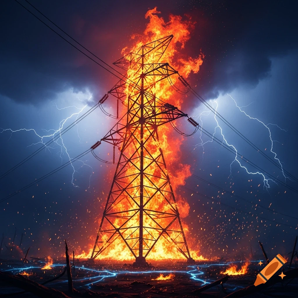 A large power pylon engulfed in flames stands against a dark, stormy sky with lightning striking and electrical arcs on the ground.