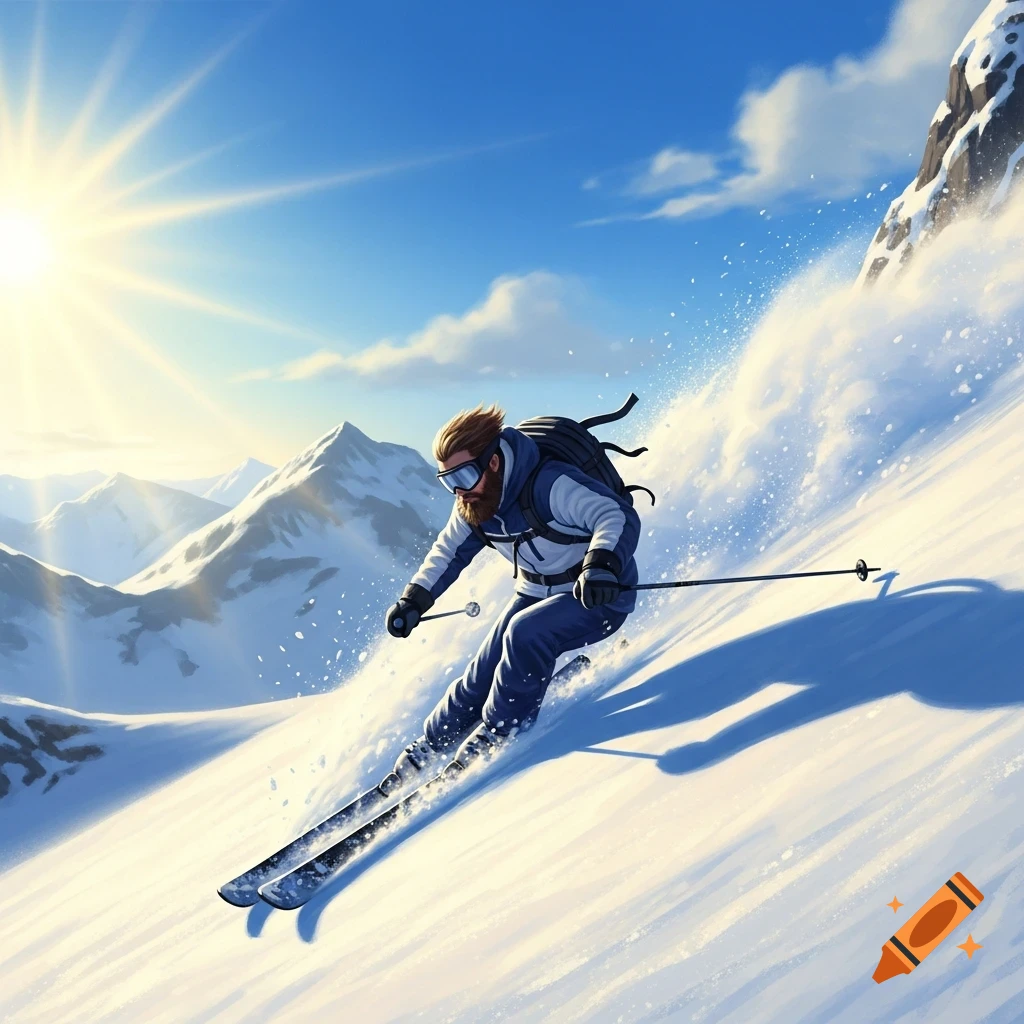 A bearded man skis down a sunny, snow-covered mountain, with snow spraying from his skis, in a vibrant digital illustration.