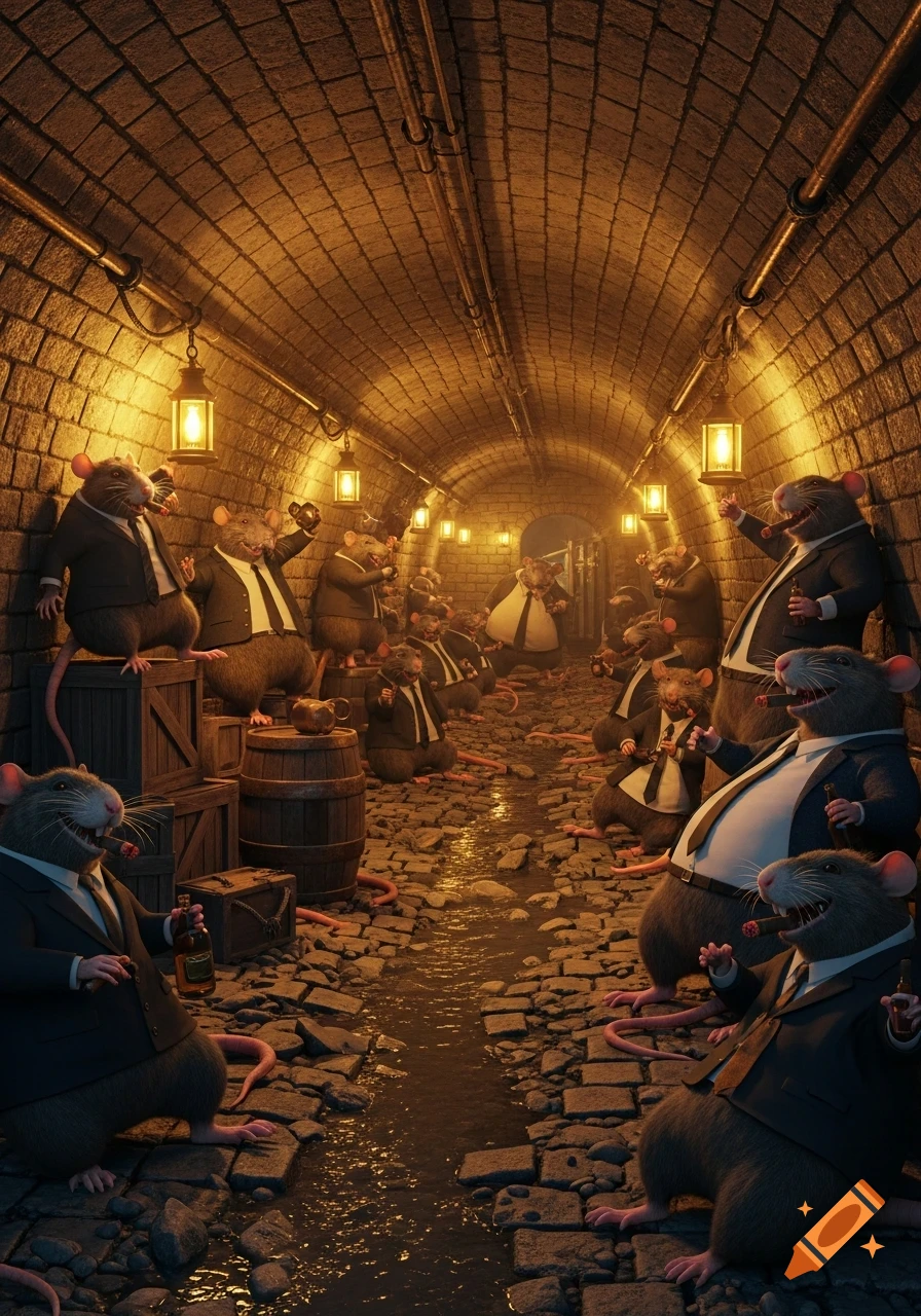 A detailed rendering of numerous anthropomorphic rats in business suits smoking cigars and drinking, partying in a dimly lit, grungy sewer tunnel.