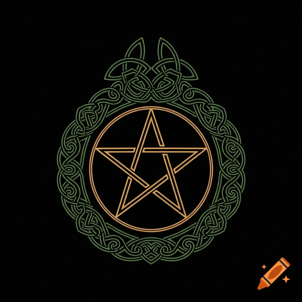 A golden outline pentagram inside a green Celtic knot circle, against a black background.