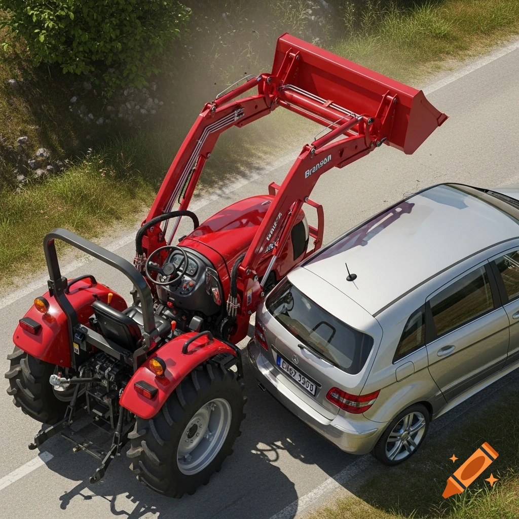 Overhead view of a red Branson tractor with a front loader scraping against the rear of a silver Mercedes B-Class car on a paved road.