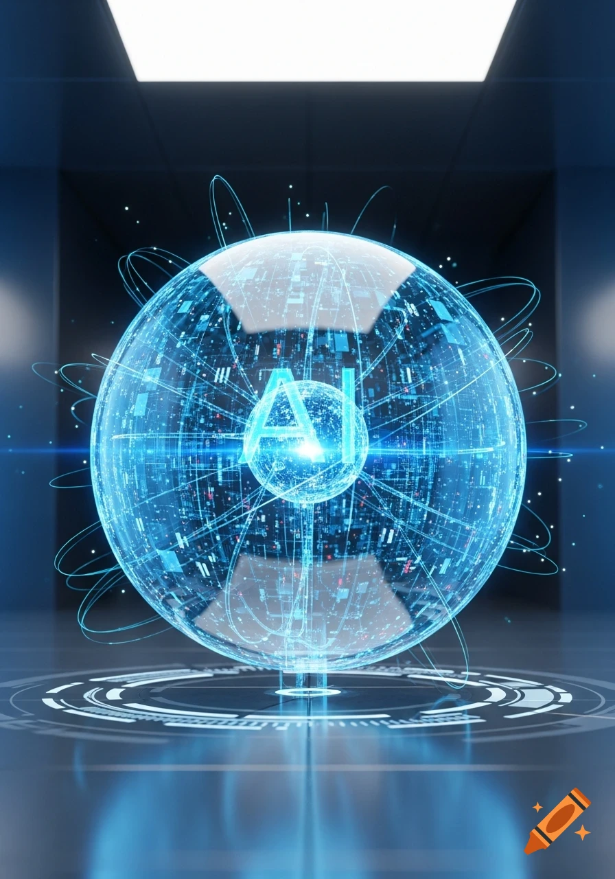 A glowing blue digital sphere with "AI" text at its core, surrounded by data lines and circuit patterns, in a dark room.