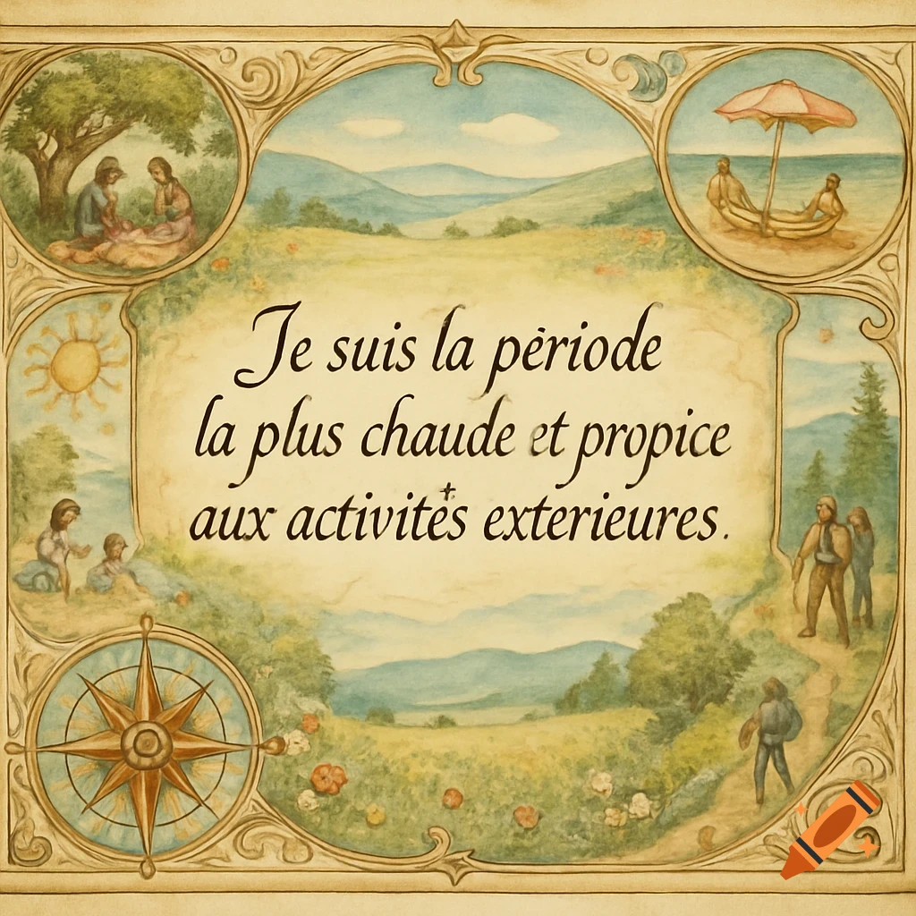 A vintage-style watercolor illustration designed like a map, featuring various vignettes of people enjoying outdoor activities. A large French text in the center reads: 'Je suis la période la plus chaude et propice aux activités exterieures.'
