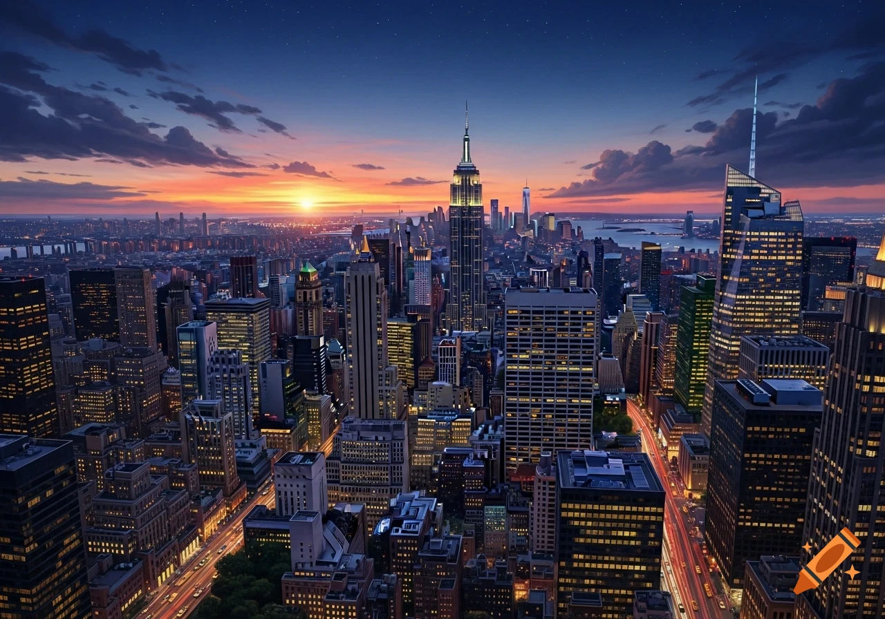 Aerial view of the New York City skyline at dusk, with the Empire State ...