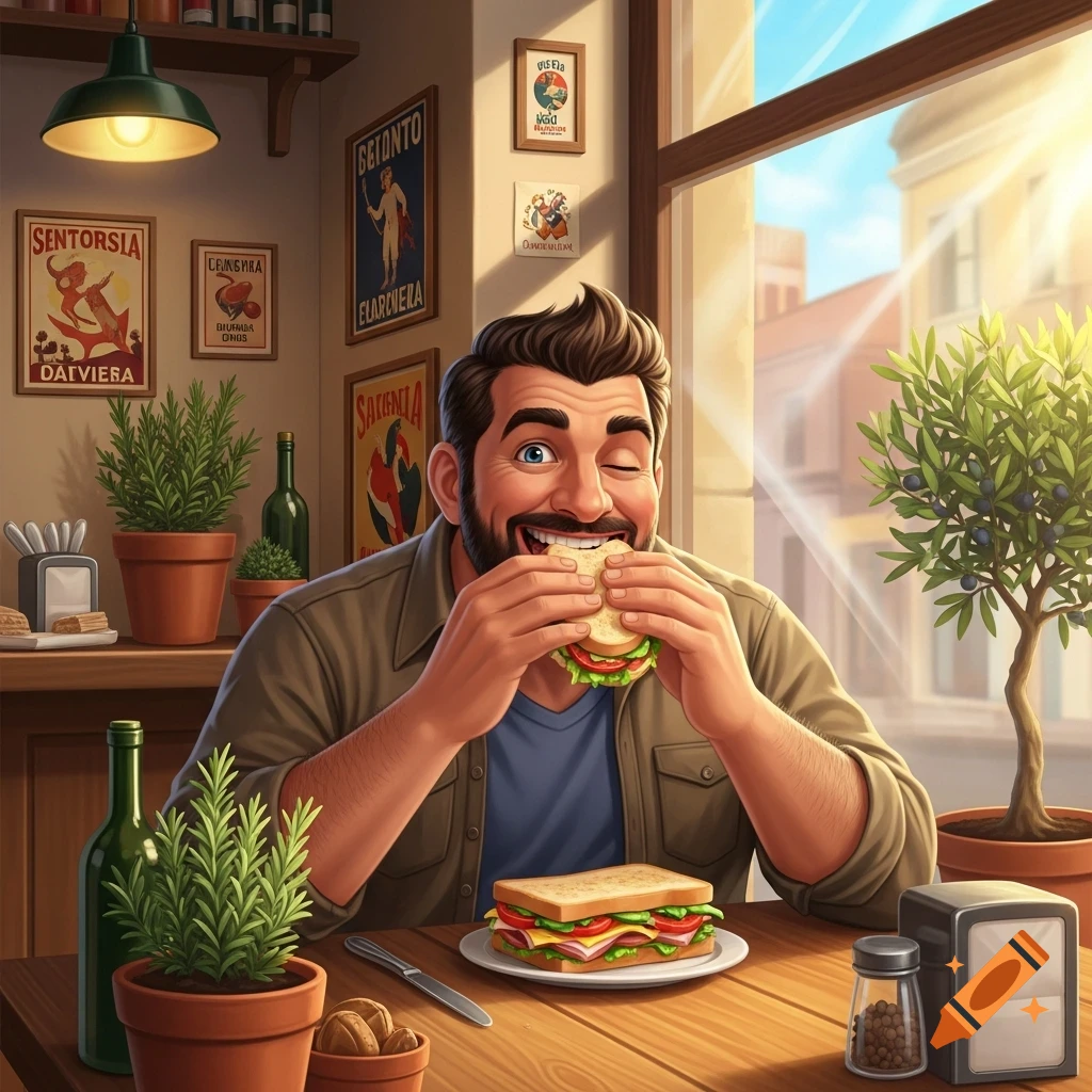 A bearded man with blue eyes winks while happily eating a sandwich at a sunny cafe table, with another sandwich on a plate and potted plants. Digital art style.
