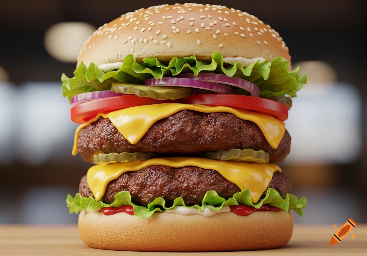 A close-up, photorealistic shot of a double cheeseburger with lettuce, tomato, pickles, and red onion on a sesame seed bun.