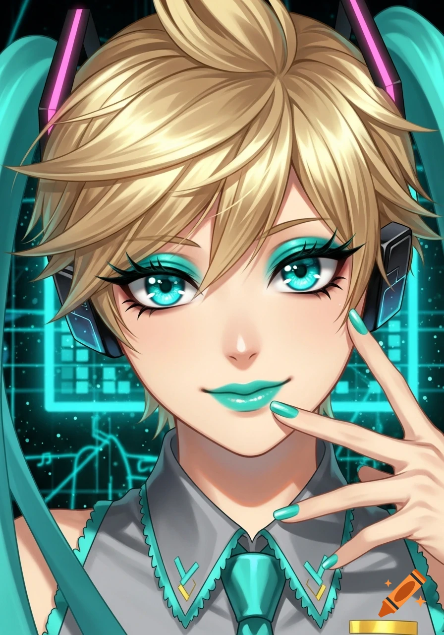Anime portrait of a short-haired character with turquoise eyeliner, lipstick, nail polish, and headphones, against a neon circuit background.