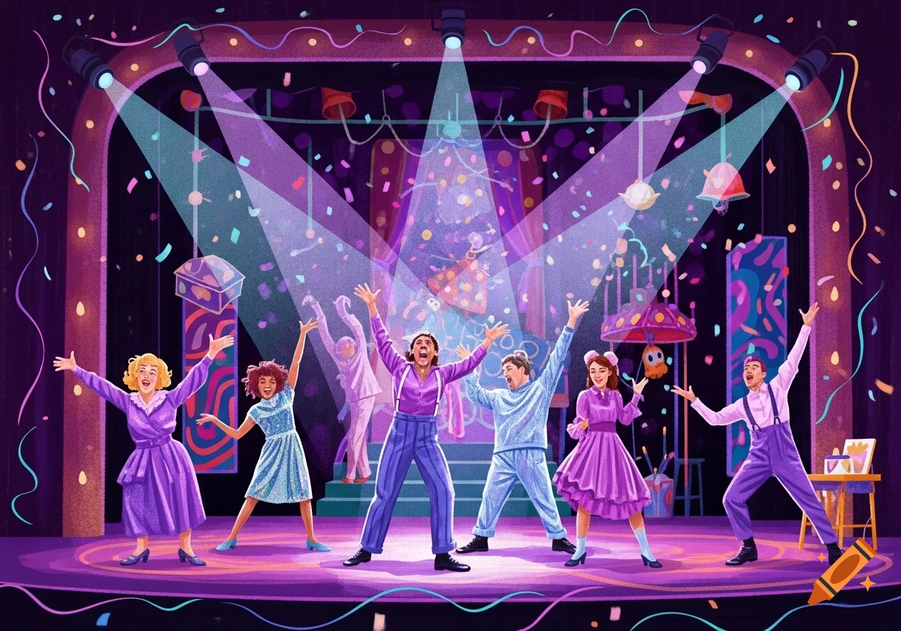 Joyful actors in purple costumes dance on a stage under spotlights, surrounded by falling confetti in a vibrant illustration.