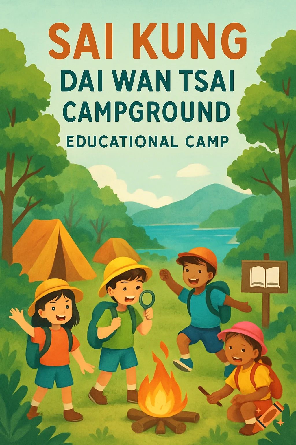 Cartoon illustration of children camping in a forest near a lake, with tents, a campfire, and text 'Sai Kung Tai Wan Tsai Campground Educational Camp'.